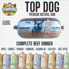 TOPDOG RAW Frozen Dog Food 10 or 20 x 500g 80/10/10 Complete - BEEF DINNER