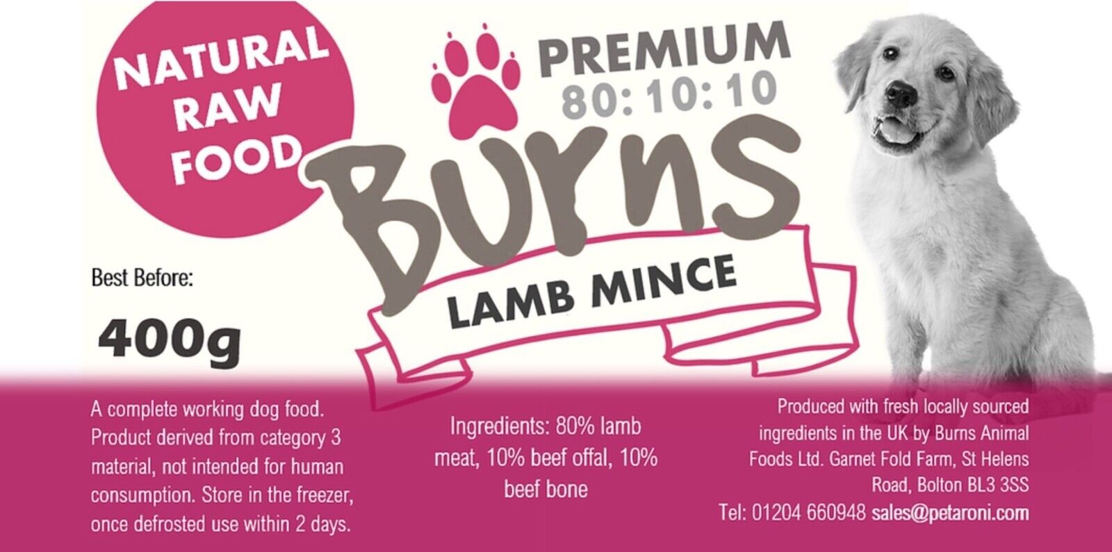 BURNS RAW Frozen Dog Food 10 20 or 30 400g Chubbs 80/10/10 PICK or MIX YOUR OWN