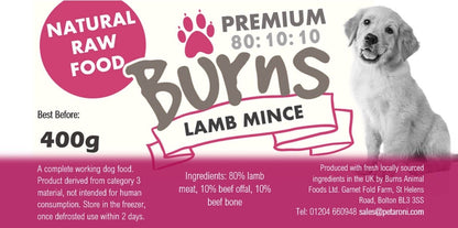 BURNS RAW Frozen Dog Food 10 20 or 30 400g Chubbs 80/10/10 PICK or MIX YOUR OWN