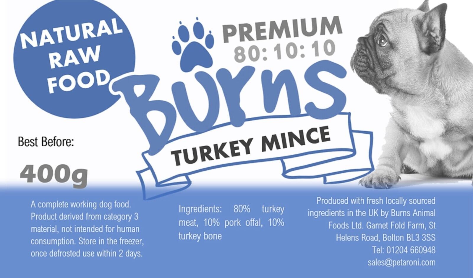 BURNS RAW Frozen Dog Food 10 20 or 30 400g Chubbs 80/10/10 PICK or MIX YOUR OWN