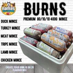 BURNS RAW Frozen Dog Food 10 20 or 30 400g Chubbs 80/10/10 PICK or MIX YOUR OWN